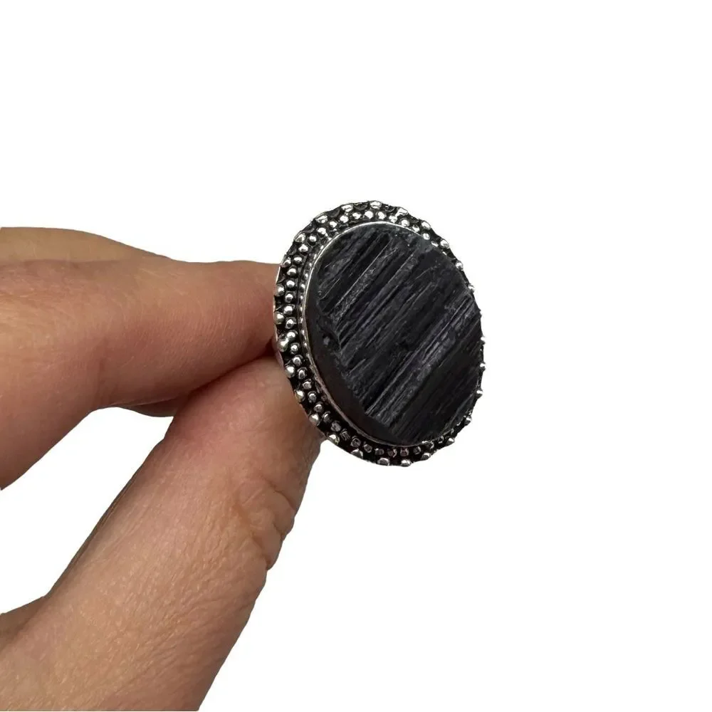 Black Tourmaline Ring Size 7.5 925 Sterling Silver Overlay Oval Raw Rough Stone